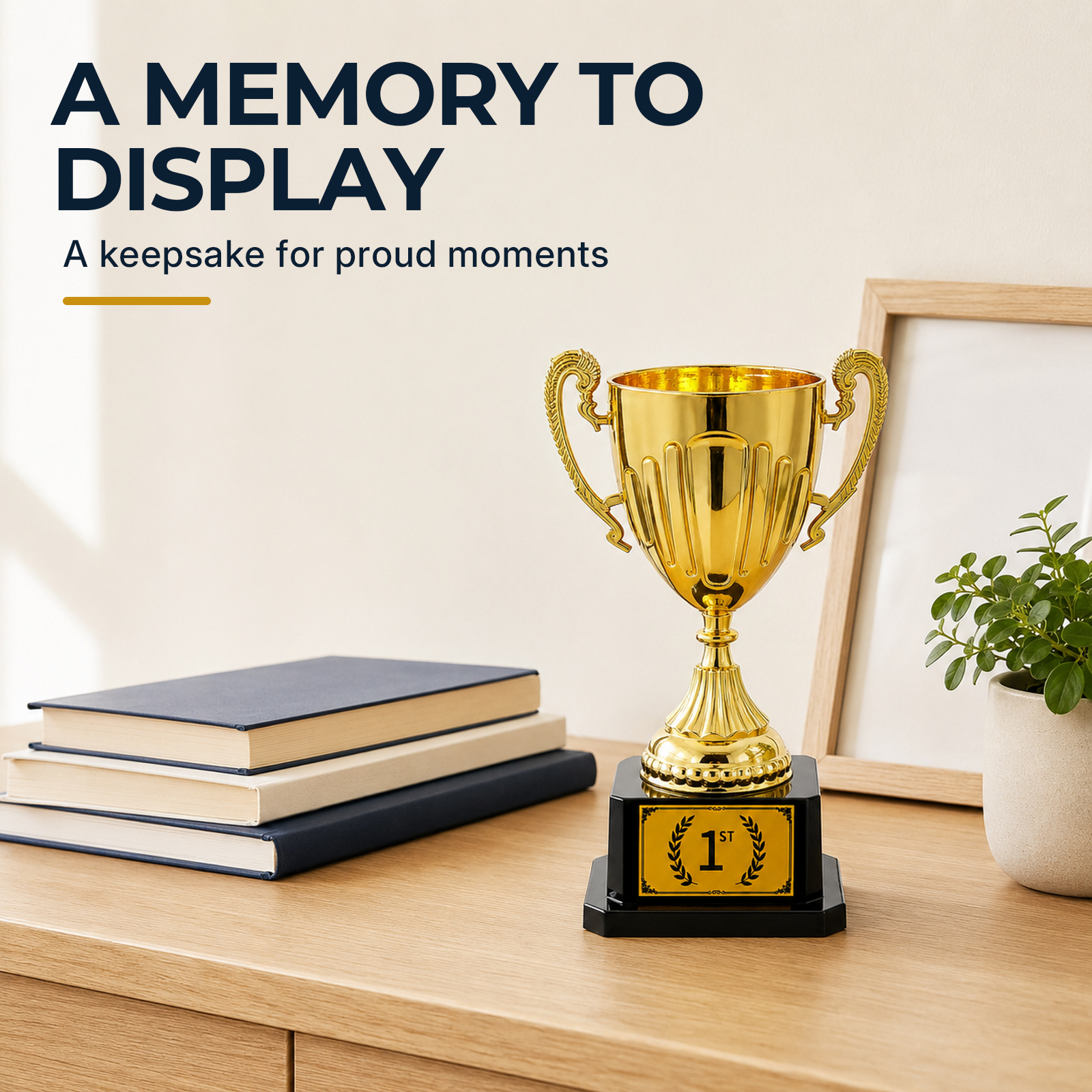 Illustrative trophy display beside books and a plant