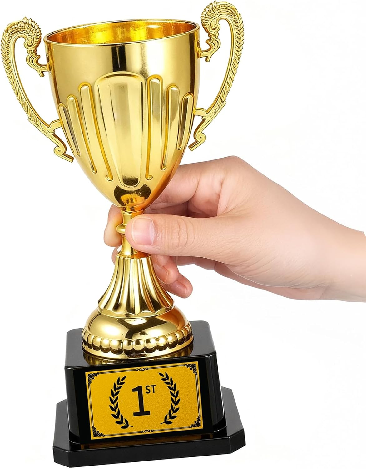 Hand-held gold trophy with two handles and a black square base bearing a 1st nameplate